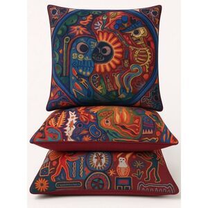 Huichol Style Embroidered Decorative Pillow Shams Colorful Tribal Folk Art Cushi